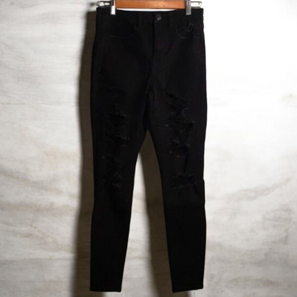 American Eagle jeans women's sz 6 black destroyed holes stretch hi-rise jegging